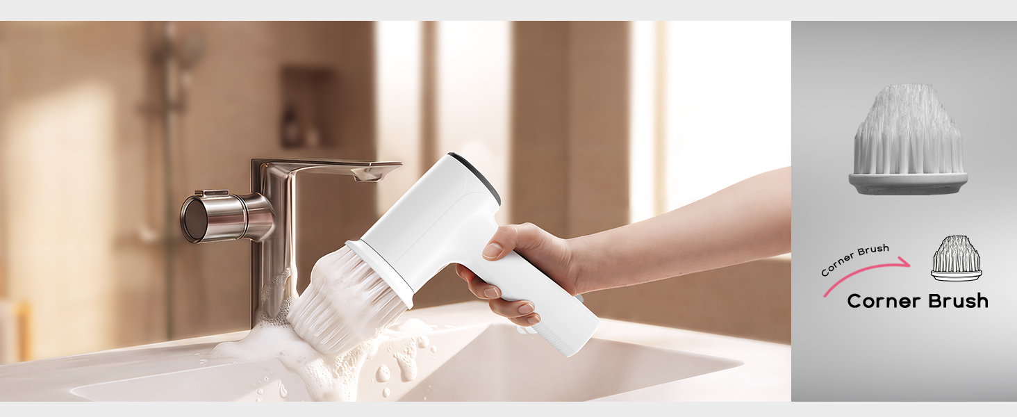 PUFTEM Electric Spin Scrubber for Bathroom Cleaning, Cordless Shower Scrubber with 6 Brush Heads, Dual-Direction Rotation, Handheld Cleaning Brush for Grout, Tile, Tub, Sink & Corners, White detail 8