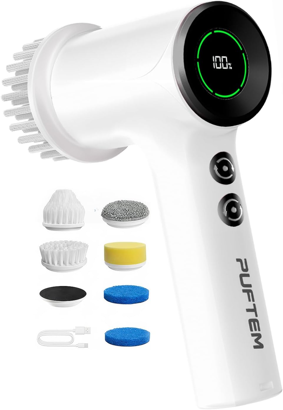 PUFTEM Electric Spin Scrubber for Bathroom Cleaning, Cordless Shower Scrubber with 6 Brush Heads, Dual-Direction Rotation, Handheld Cleaning Brush for Grout, Tile, Tub, Sink & Corners, White detail 15