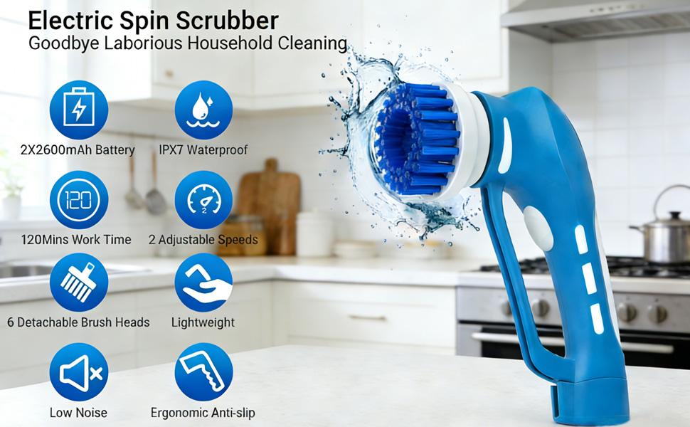 Cordless Electric Spin Scrubber with 6 Brush Heads & 2 Rechargeable Batteries, Power Scrubber for Shower Tile Grout Tub Bathroom Cleaning, IPX7 Waterproof Handheld Scrubber detail 2