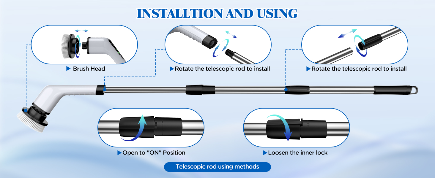 Electric Spin Scrubber, FARI Shower Cleaning Brush with 8 Replaceable Drill Brush Heads, Cordless Power Scrubber with Adjustable Handle Bathroom and Shower Cleaner detail 3