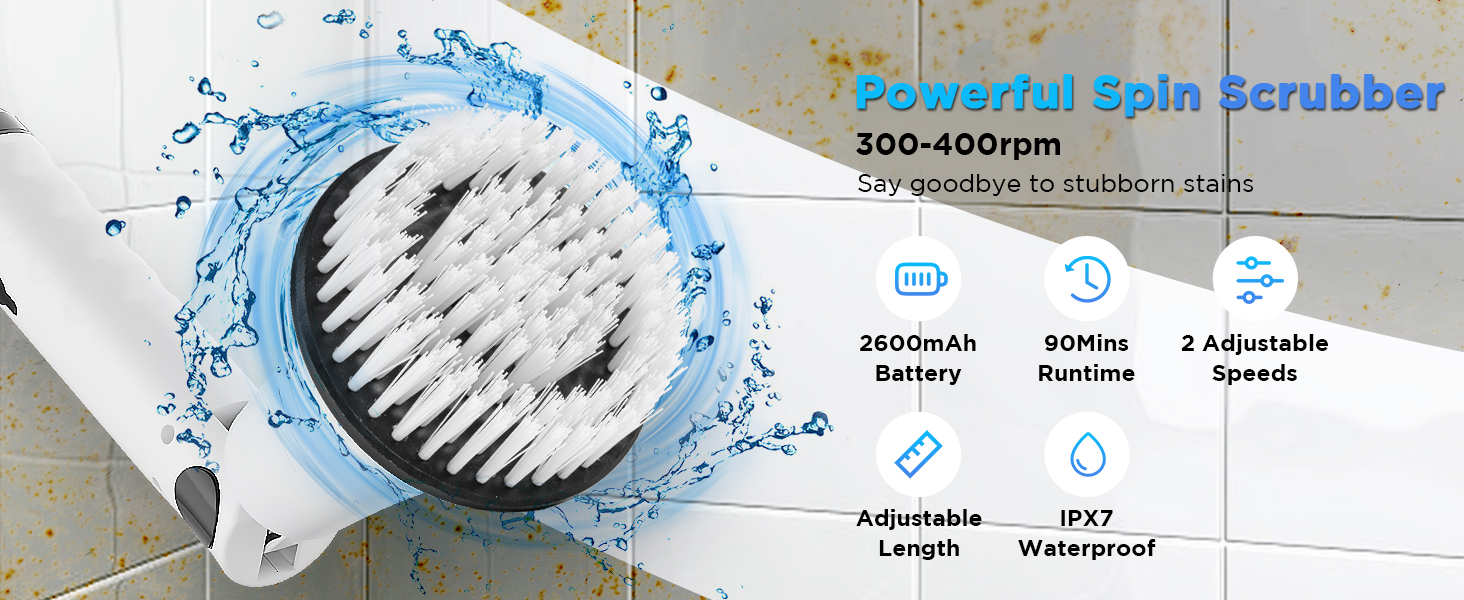 Electric Spin Scrubber, Bathroom Cleaner, Power Shower Cleaning Brush with Extendable Handle & 4 Brush Heads, Shower Scrubber for Bathtub Tile Grout Kitchen Window and Floor detail 2