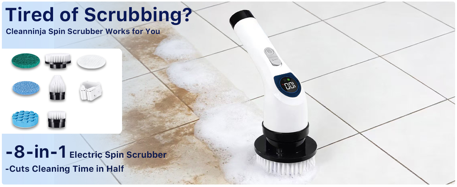 Electric Spin Scrubber for Cleaning, Adjustable Shower Brush with 7 Replaceable Heads & Power LED Display, 2 Speed Waterproof Cordless Shower Scrubber for Bathtub, Kitchen, Car, White detail 1