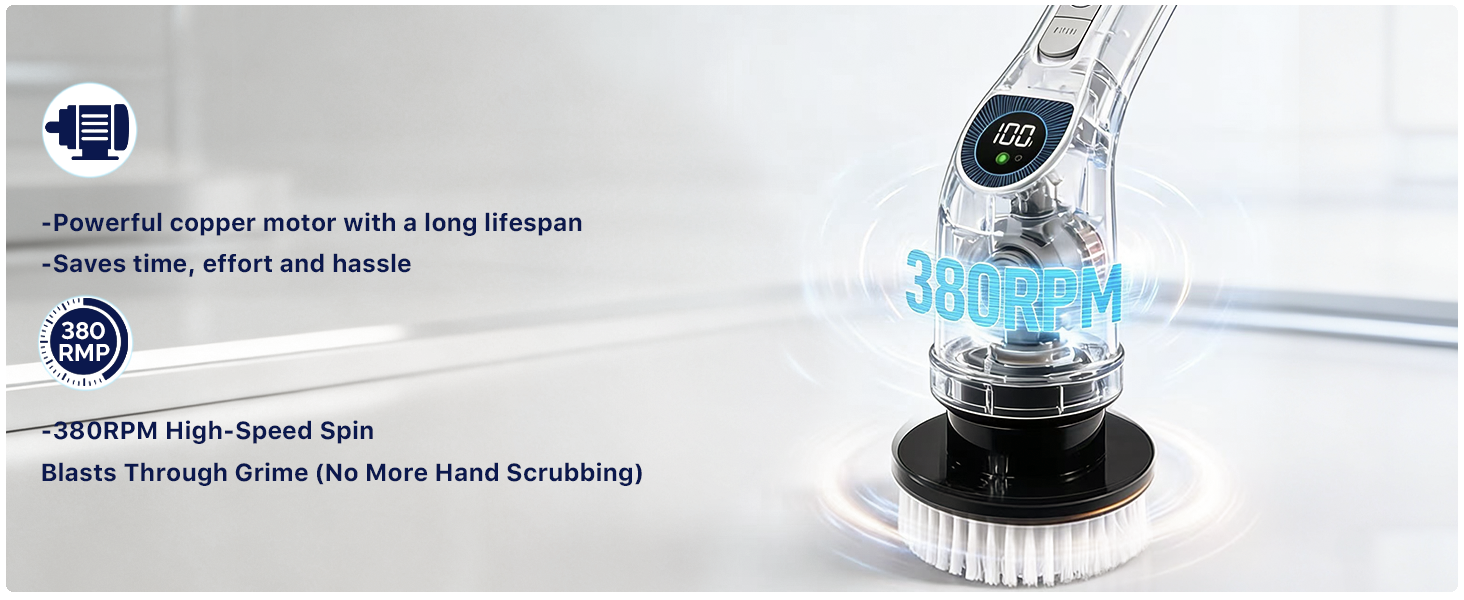 Electric Spin Scrubber for Cleaning, Adjustable Shower Brush with 7 Replaceable Heads & Power LED Display, 2 Speed Waterproof Cordless Shower Scrubber for Bathtub, Kitchen, Car, White detail 2