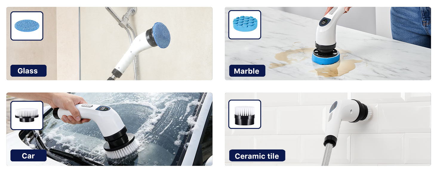 Electric Spin Scrubber for Cleaning, Adjustable Shower Brush with 7 Replaceable Heads & Power LED Display, 2 Speed Waterproof Cordless Shower Scrubber for Bathtub, Kitchen, Car, White detail 4