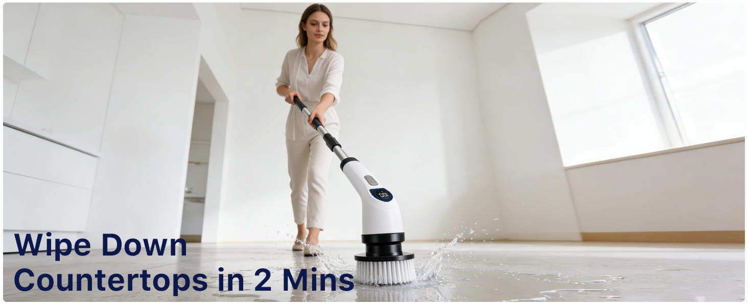 Electric Spin Scrubber for Cleaning, Adjustable Shower Brush with 7 Replaceable Heads & Power LED Display, 2 Speed Waterproof Cordless Shower Scrubber for Bathtub, Kitchen, Car, White detail 7