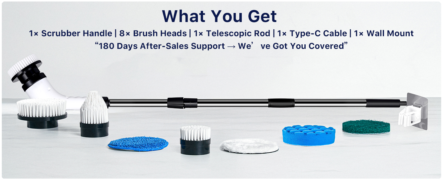 Electric Spin Scrubber for Cleaning, Adjustable Shower Brush with 7 Replaceable Heads & Power LED Display, 2 Speed Waterproof Cordless Shower Scrubber for Bathtub, Kitchen, Car, White detail 8