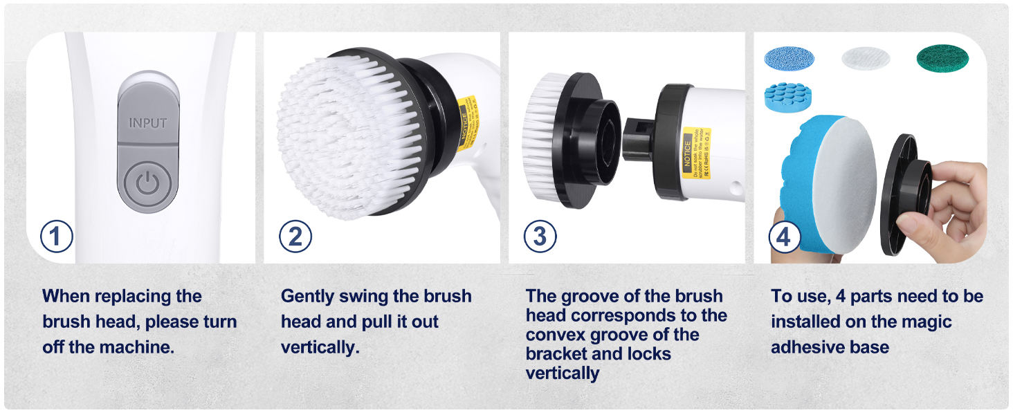 Electric Spin Scrubber for Cleaning, Adjustable Shower Brush with 7 Replaceable Heads & Power LED Display, 2 Speed Waterproof Cordless Shower Scrubber for Bathtub, Kitchen, Car, White detail 11