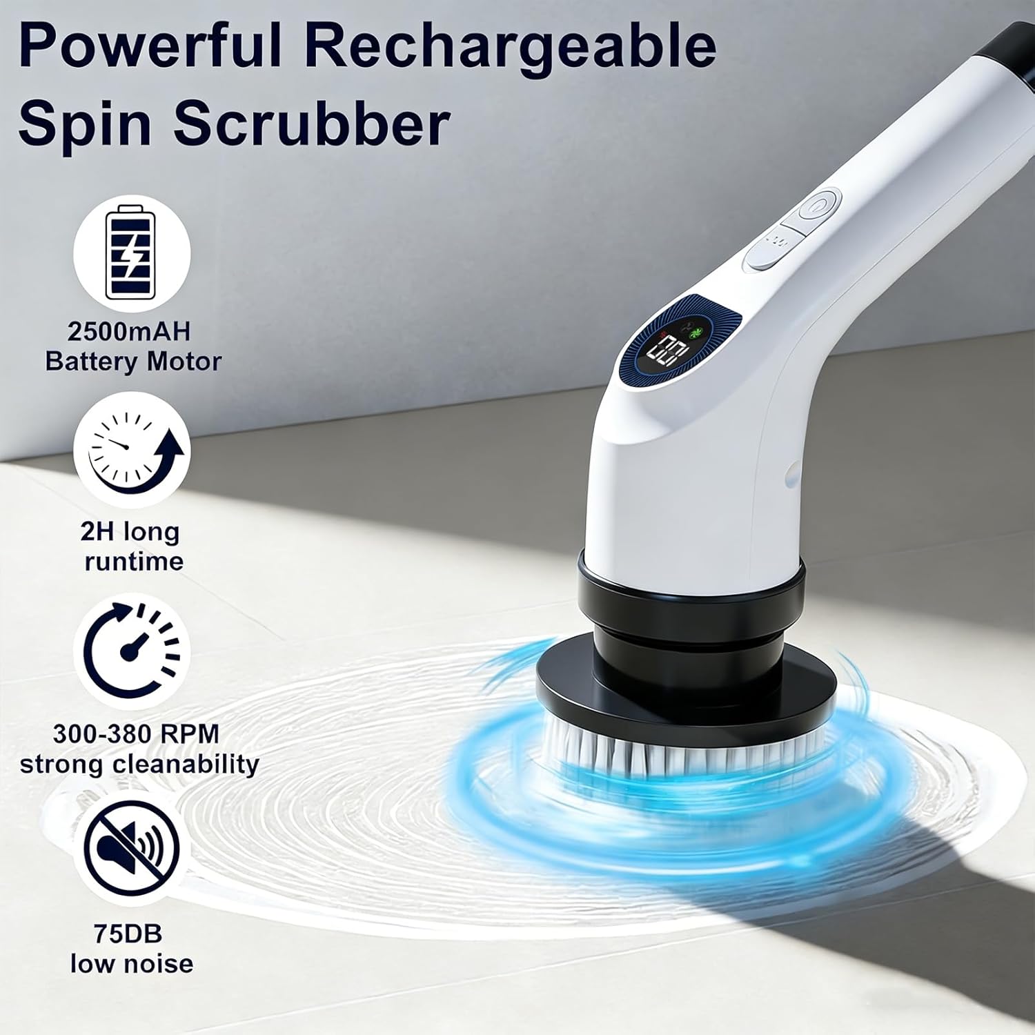 Electric Spin Scrubber for Cleaning, Adjustable Shower Brush with 7 Replaceable Heads & Power LED Display, 2 Speed Waterproof Cordless Shower Scrubber for Bathtub, Kitchen, Car, White detail 13