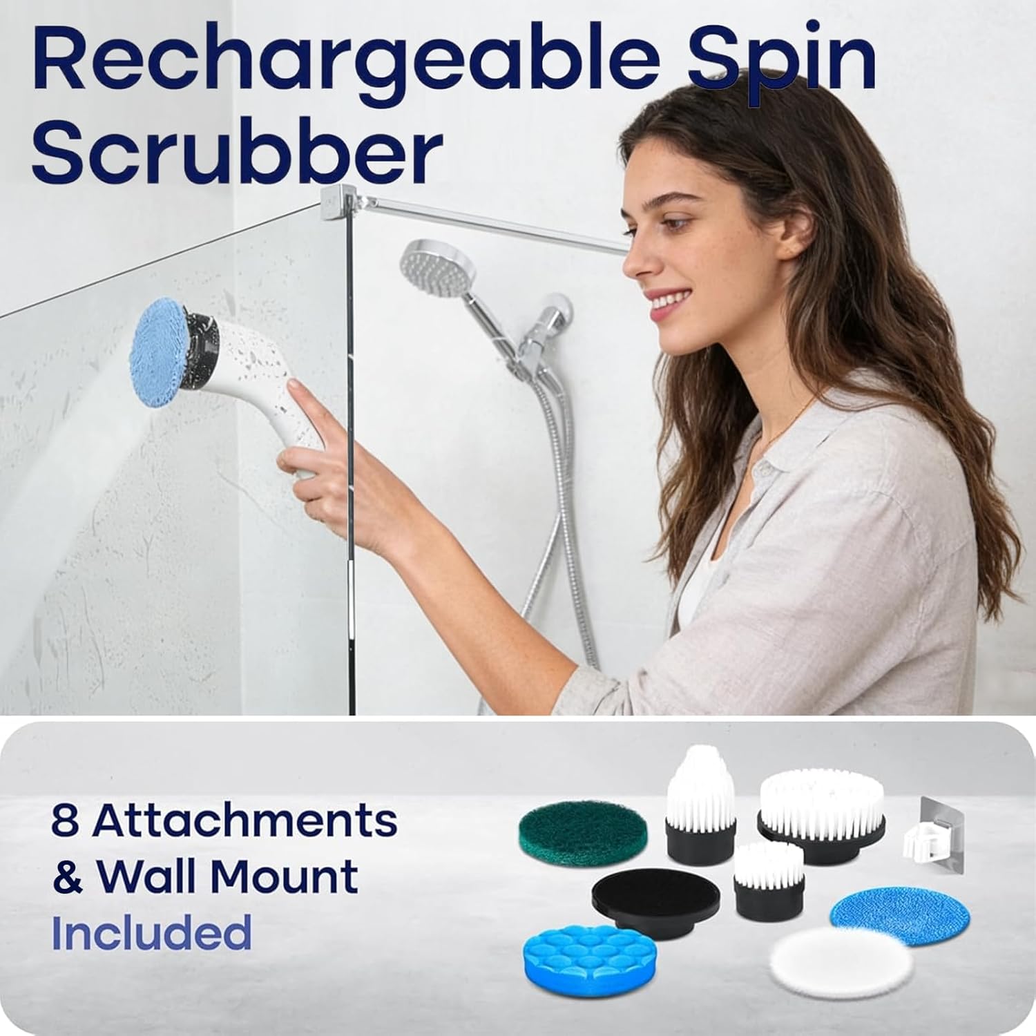 Electric Spin Scrubber for Cleaning, Adjustable Shower Brush with 7 Replaceable Heads & Power LED Display, 2 Speed Waterproof Cordless Shower Scrubber for Bathtub, Kitchen, Car, White detail 18
