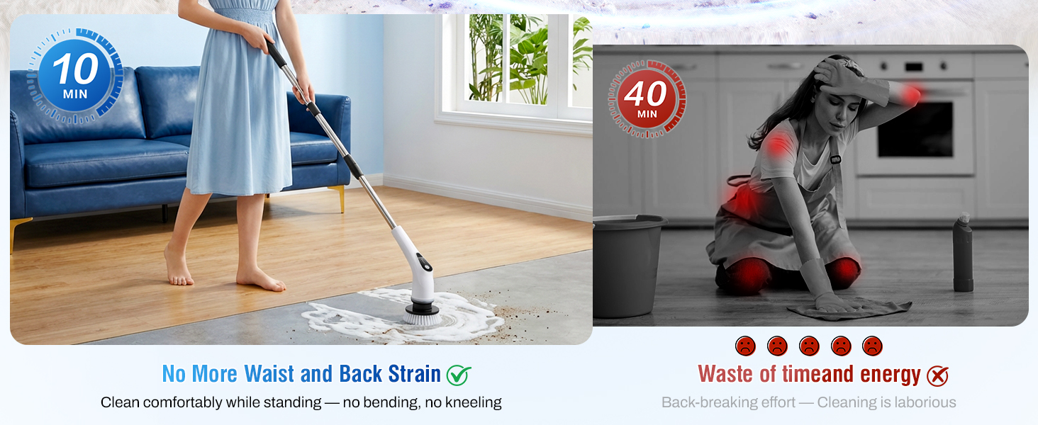 Electric Spin Scrubber, Cordless Cleaning Brush with 8 Replaceable Heads, Five-Speed Power Scrubber with Adjustable Handle for Bathroom, Tub, Floor, Tile & Car - Clean Without Bending detail 3