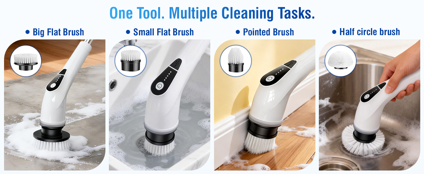 Electric Spin Scrubber, Cordless Cleaning Brush with 8 Replaceable Heads, Five-Speed Power Scrubber with Adjustable Handle for Bathroom, Tub, Floor, Tile & Car - Clean Without Bending detail 6
