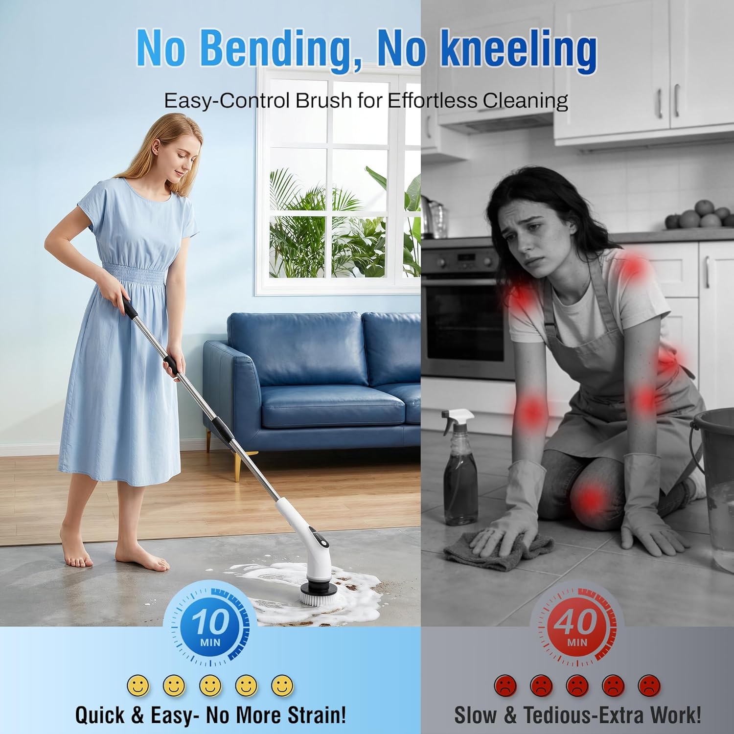 Electric Spin Scrubber, Cordless Cleaning Brush with 8 Replaceable Heads, Five-Speed Power Scrubber with Adjustable Handle for Bathroom, Tub, Floor, Tile & Car - Clean Without Bending detail 9