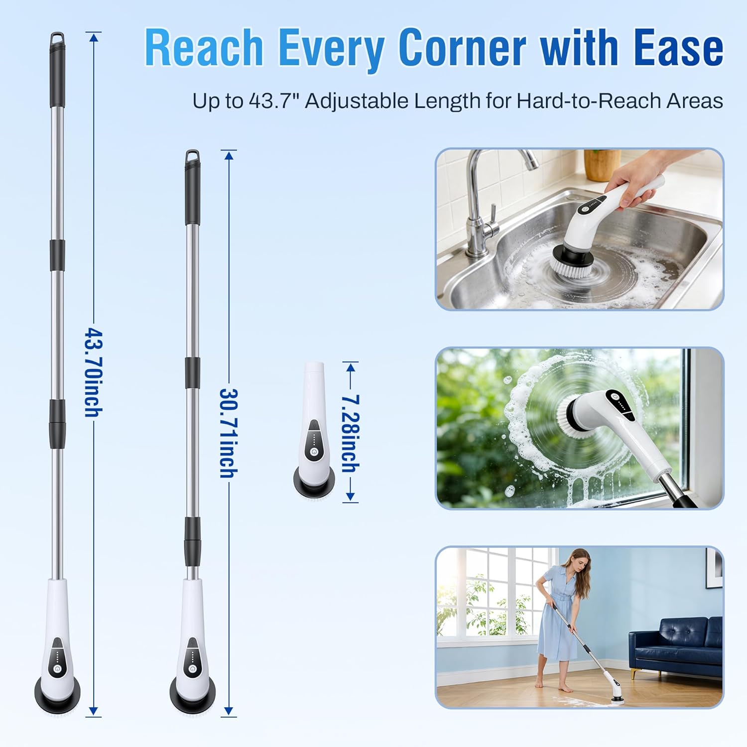 Electric Spin Scrubber, Cordless Cleaning Brush with 8 Replaceable Heads, Five-Speed Power Scrubber with Adjustable Handle for Bathroom, Tub, Floor, Tile & Car - Clean Without Bending detail 14