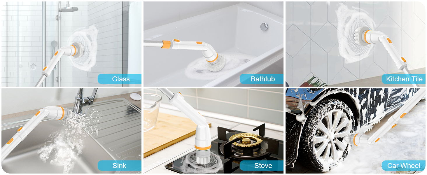 Electric Spin Scrubber, KIKOLIN 380RPM High Speed Power Scrubber, Cordless Cleaning Brush 2 Speeds for Bathroom, Tub, Shower, Floor with 4 Replaceable Brush Heads and Adjustable Extension Long Handle detail 7