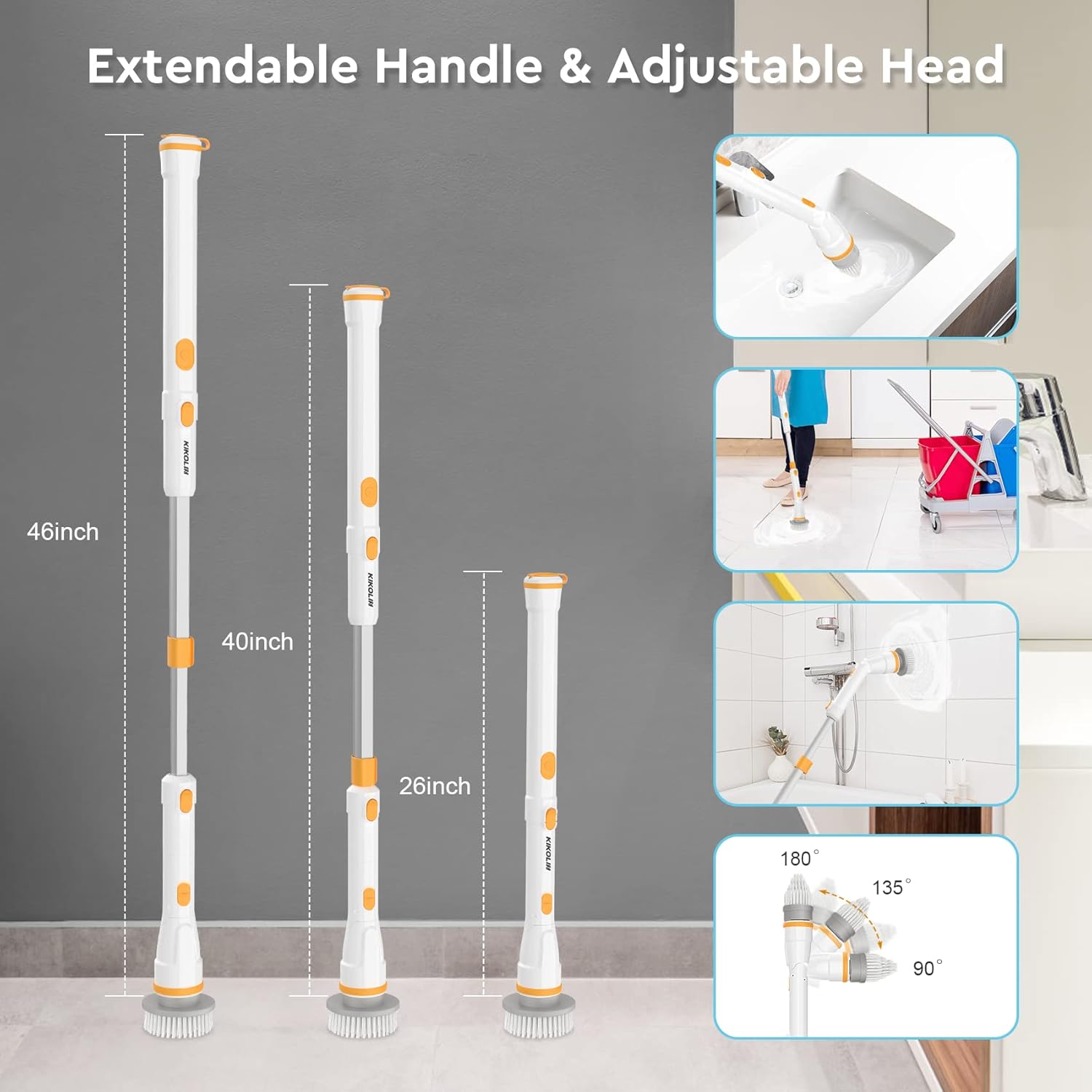 Electric Spin Scrubber, KIKOLIN 380RPM High Speed Power Scrubber, Cordless Cleaning Brush 2 Speeds for Bathroom, Tub, Shower, Floor with 4 Replaceable Brush Heads and Adjustable Extension Long Handle detail 17