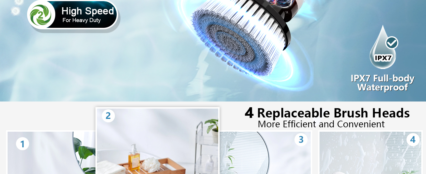 Electric Spin Scrubber, Full-Body IPX7 Waterproof Bathroom Scrubber,4 Replacement Head for Adjustable Extension Handle Electric Cleaning Brush for Bathroom, Tub, Tile detail 3