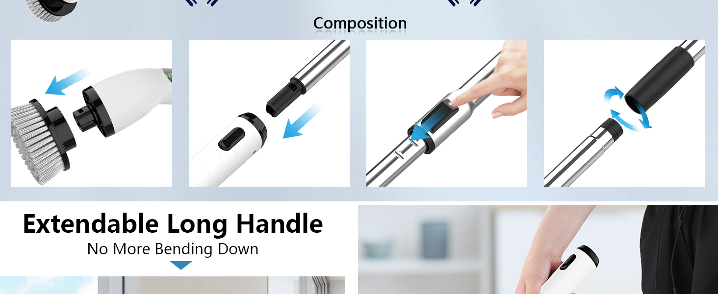 Electric Spin Scrubber, Full-Body IPX7 Waterproof Bathroom Scrubber,4 Replacement Head for Adjustable Extension Handle Electric Cleaning Brush for Bathroom, Tub, Tile detail 5
