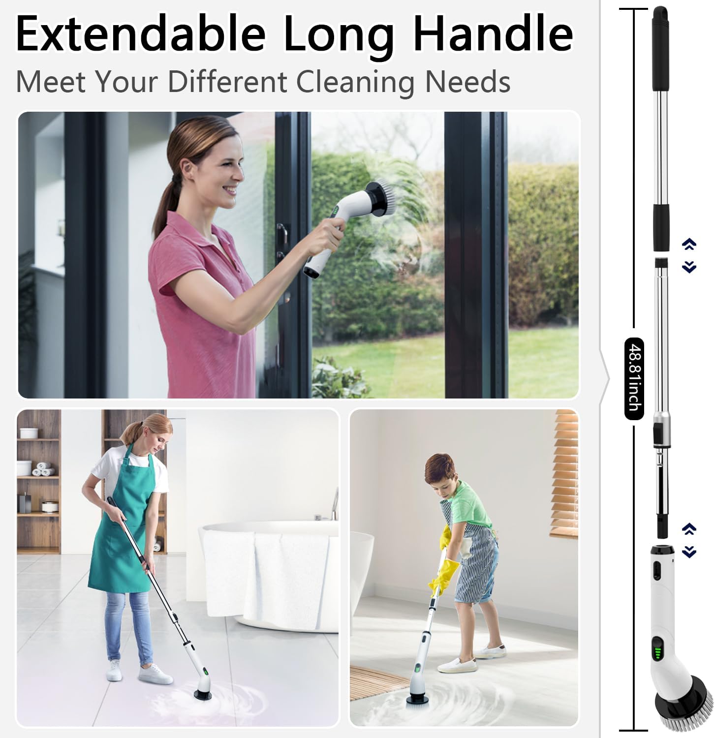 Electric Spin Scrubber, Full-Body IPX7 Waterproof Bathroom Scrubber,4 Replacement Head for Adjustable Extension Handle Electric Cleaning Brush for Bathroom, Tub, Tile detail 11