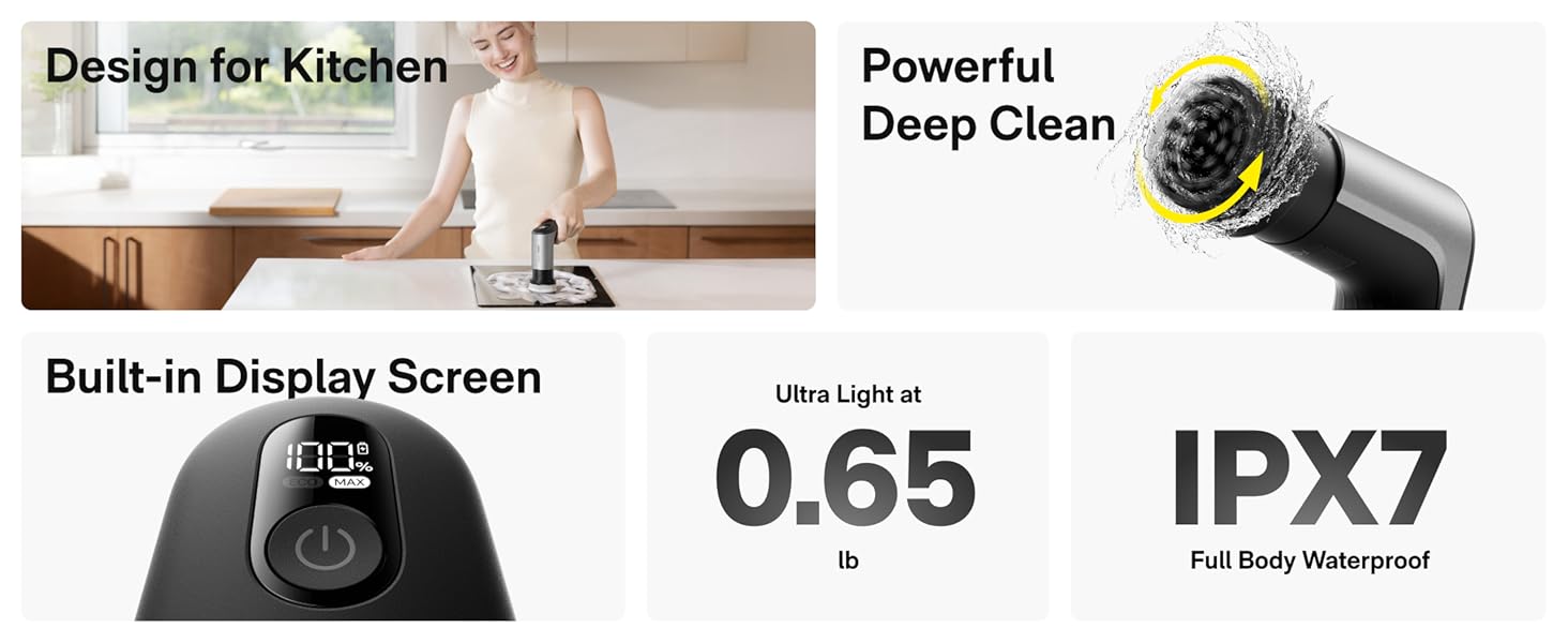 HOTO Grip™ Cordless Electric Spin Scrubber, IPX7 Waterproof, Lightweight at 0.65 lb with 6 Brush Heads, Powerful Cleaning Scrubber, for Bathroom, Kitchen, Tile, Shower detail 1
