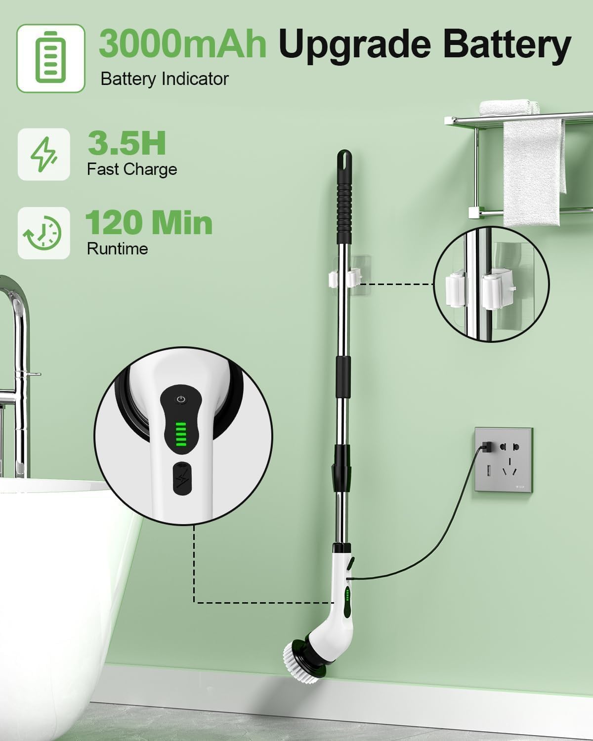 Electric Spin Scrubber, PX7 Waterproof for Floor Tub Tile Car, O-White. detail 18
