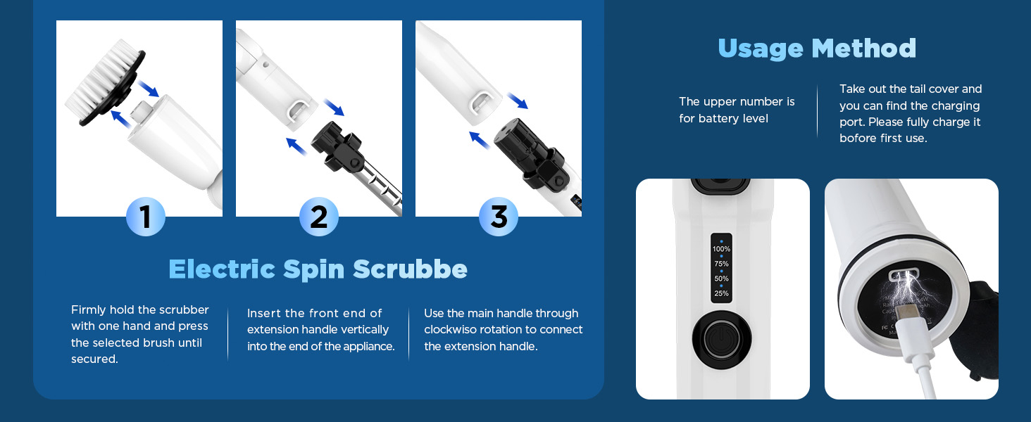 Electric Spin Scrubber, Upgraded Bathroom Cleaner, Power Shower Cleaning Brush with Extendable Handle & 4 Brush Heads, Dual Speed & USB-C Charging, Shower Scrubber for Bathtub, Tile, and Floor detail 5