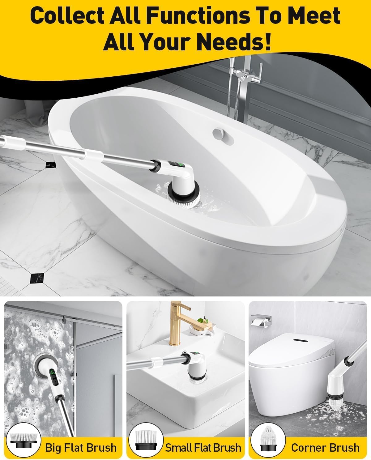 Electric Spin Scrubber,Cordless Shower Cleaning Brush IPX7 Waterproof with 3 Replaceable Brush Heads, Adjustable Extension Handle and Power Dual Speed,Power Scrubber for Bathroom Tub Tile Floor Car 5 detail 3