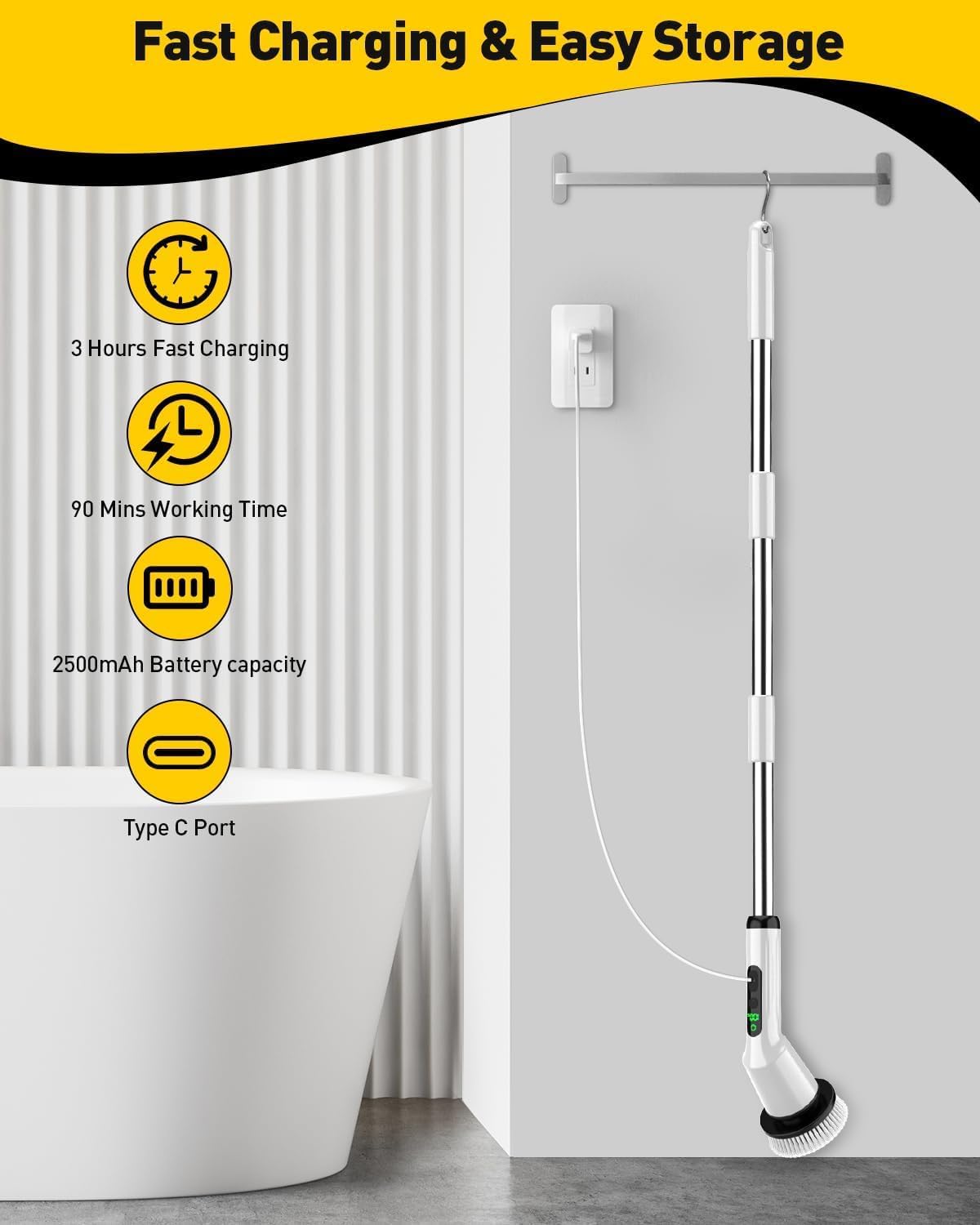 Electric Spin Scrubber,Cordless Shower Cleaning Brush IPX7 Waterproof with 3 Replaceable Brush Heads, Adjustable Extension Handle and Power Dual Speed,Power Scrubber for Bathroom Tub Tile Floor Car 5 detail 8