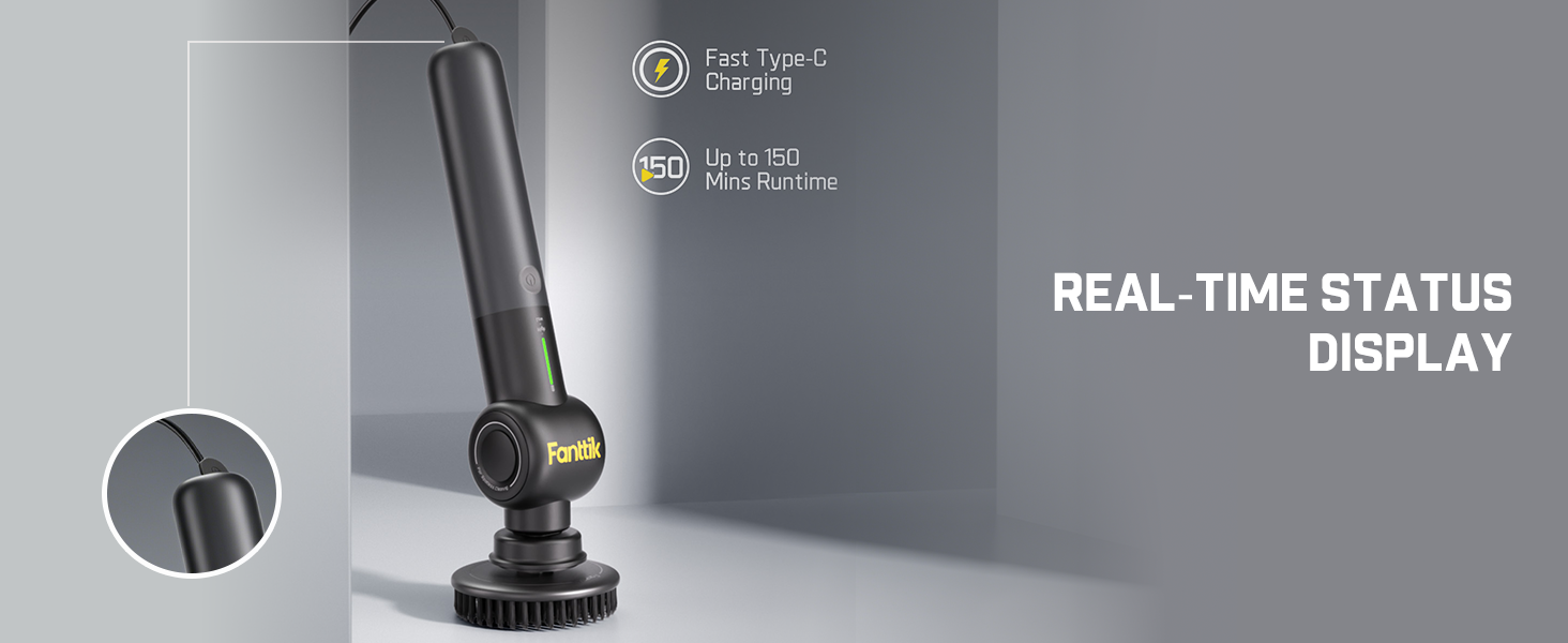 Fanttik Flip G9 Pro Electric Scrubber, VoltiPulse Motor, Dual-Speed Cleaner with 6 Brush Heads, Adjustable Angle & Extendable Handle, IPX7 Waterproof, Type-C Charge for Bathroom, Tile, Grout - Black detail 8