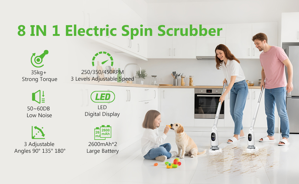 Electric Spin Scrubber, Cordless Cleaning Brush, 3H Work Time, Bathroom Scrubber with LED Display, 3-Speed Extendable Handle, IPX7 Waterproof, 8 Brush Heads for Shower, Tile, Tub, Floor, Toilet, Grout detail 1