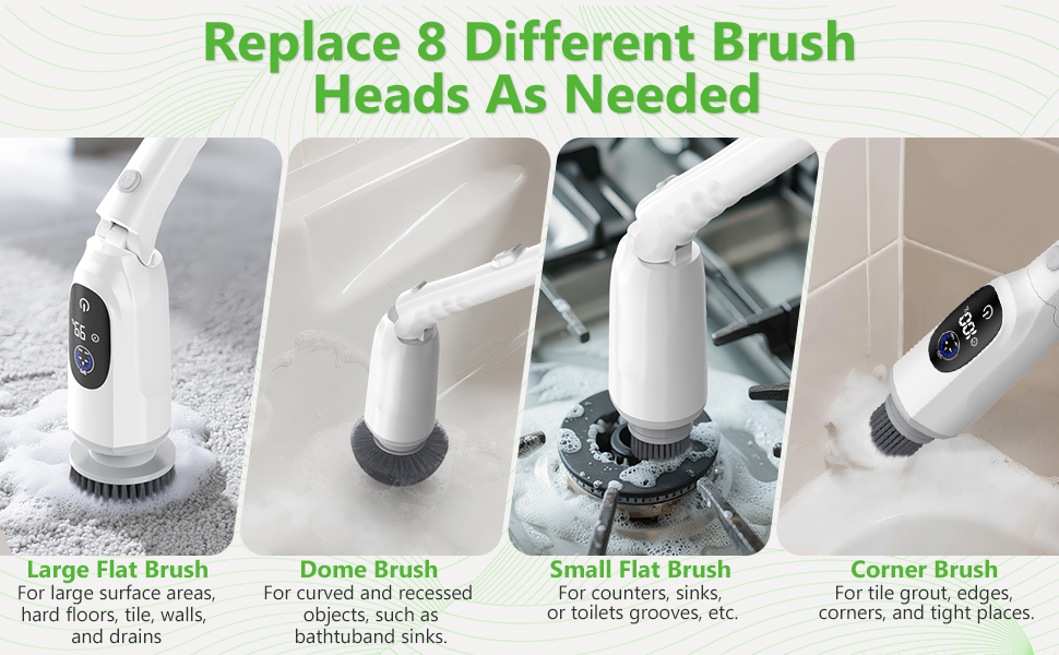 Electric Spin Scrubber, Cordless Cleaning Brush, 3H Work Time, Bathroom Scrubber with LED Display, 3-Speed Extendable Handle, IPX7 Waterproof, 8 Brush Heads for Shower, Tile, Tub, Floor, Toilet, Grout detail 5