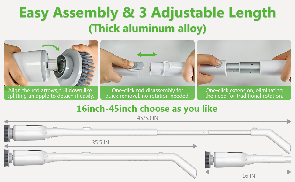 Electric Spin Scrubber, Cordless Cleaning Brush, 3H Work Time, Bathroom Scrubber with LED Display, 3-Speed Extendable Handle, IPX7 Waterproof, 8 Brush Heads for Shower, Tile, Tub, Floor, Toilet, Grout detail 7