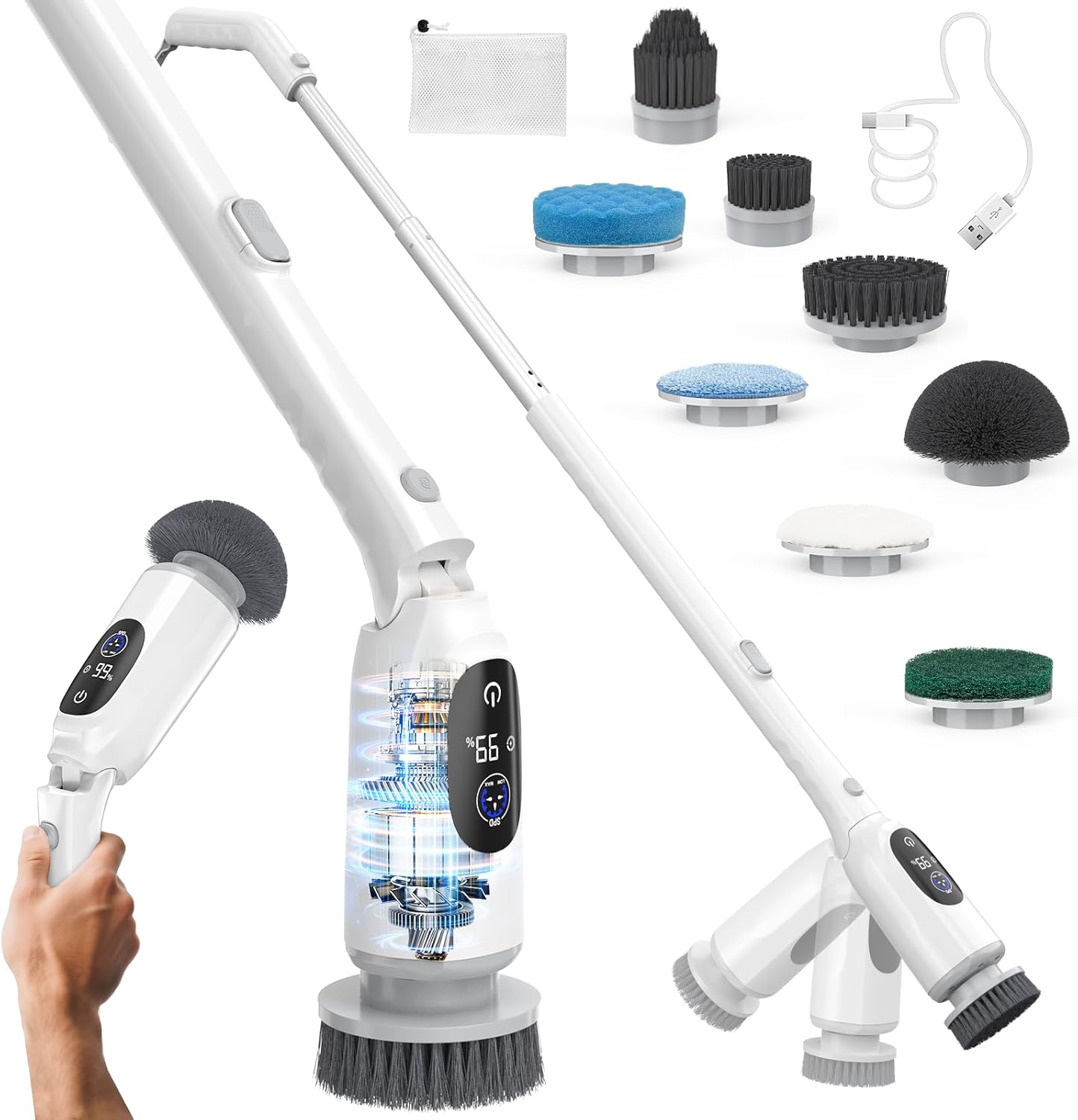 Electric Spin Scrubber, Cordless Cleaning Brush, 3H Work Time, Bathroom Scrubber with LED Display, 3-Speed Extendable Handle, IPX7 Waterproof, 8 Brush Heads for Shower, Tile, Tub, Floor, Toilet, Grout detail 10