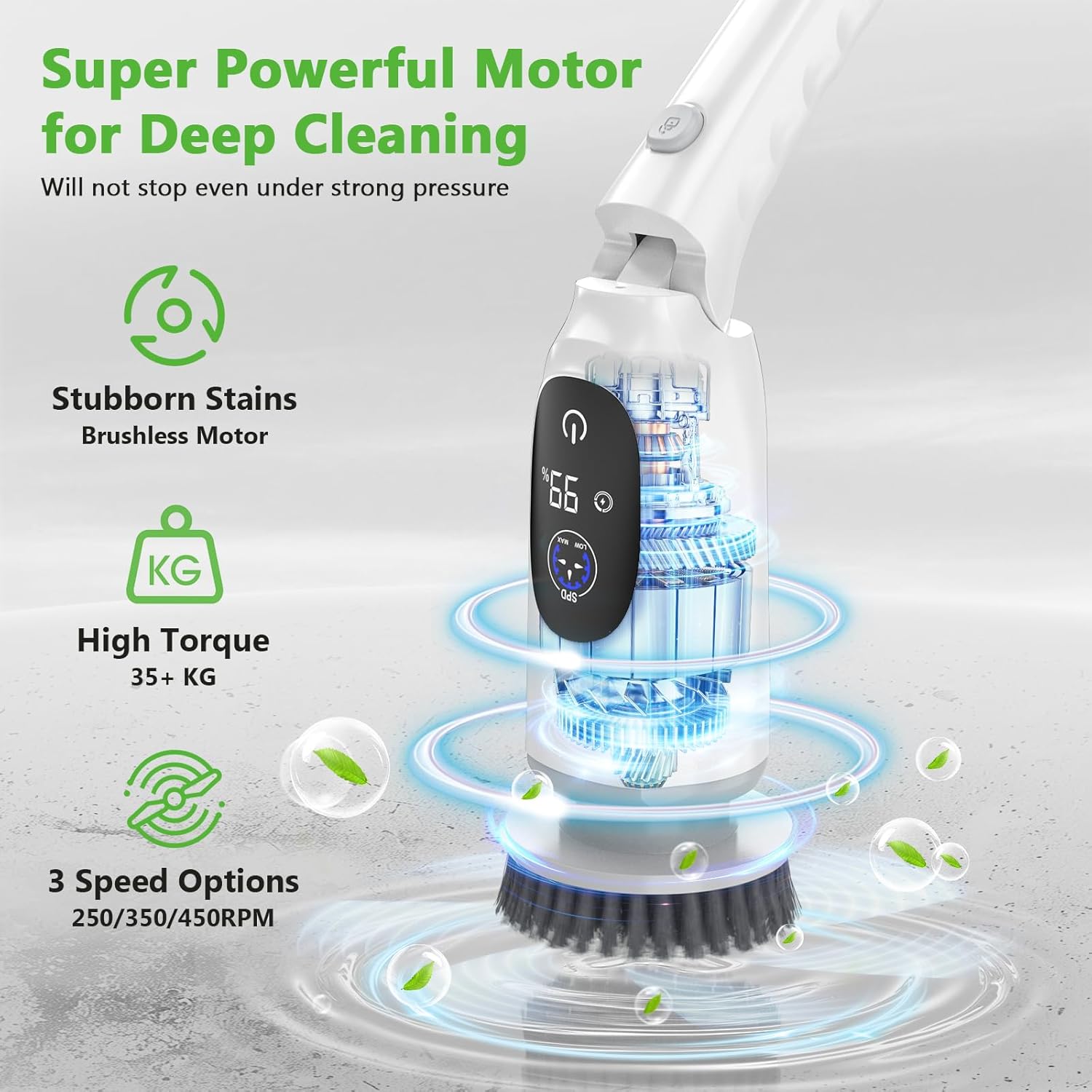 Electric Spin Scrubber, Cordless Cleaning Brush, 3H Work Time, Bathroom Scrubber with LED Display, 3-Speed Extendable Handle, IPX7 Waterproof, 8 Brush Heads for Shower, Tile, Tub, Floor, Toilet, Grout detail 11