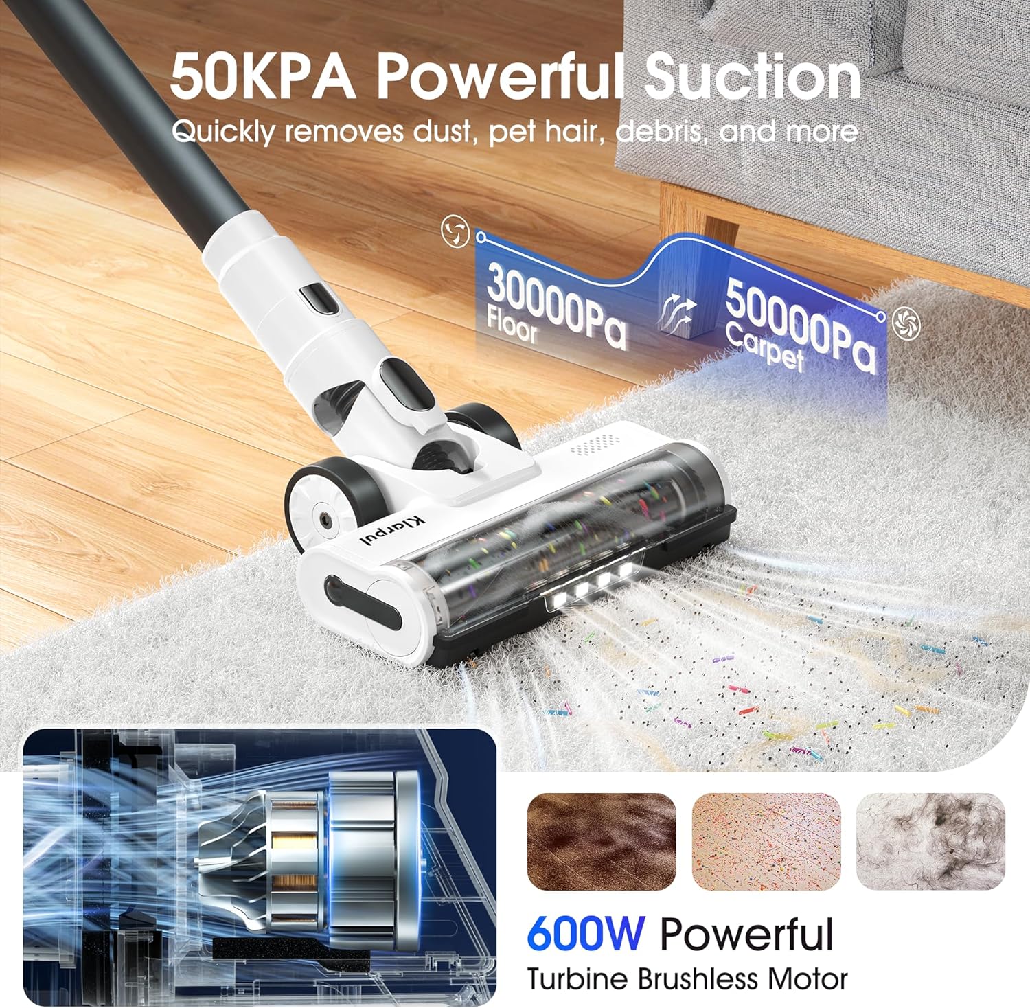 Klarpul Cordless Vacuum Cleaner, 2 Batteries 140 Mins Runtime 600W 50Kpa Stick - View 2