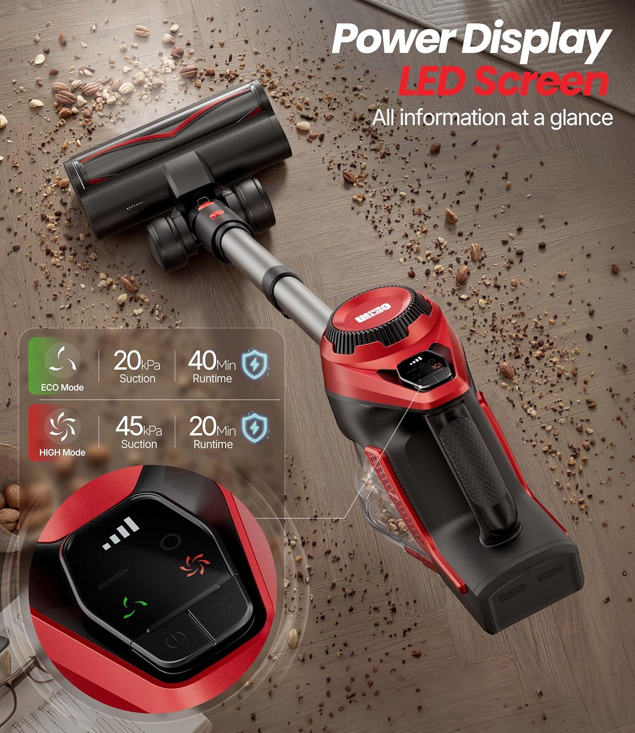 Cordless Vacuum Cleaner for Home, Stick Vacuum 45Kpa, Smart Display & 1.5L Dust - View 4