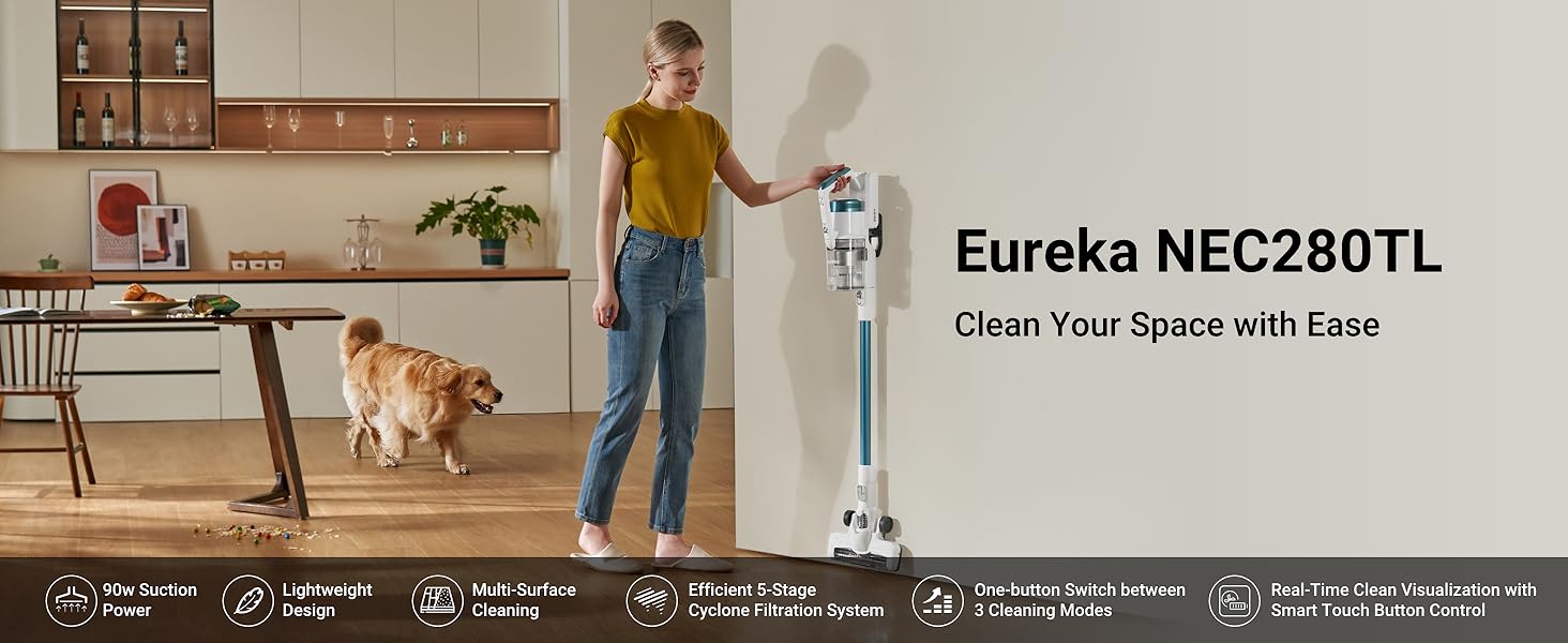 Eureka RapidClean Pro NEC280TL Cordless Stick Vacuum Cleaner - Lightweight 5.3 lbs, 40-Min Runtime, LED Headlights, 3 Power Modes, Ideal for Pet Hair, Hard Floors & Carpets detail 1