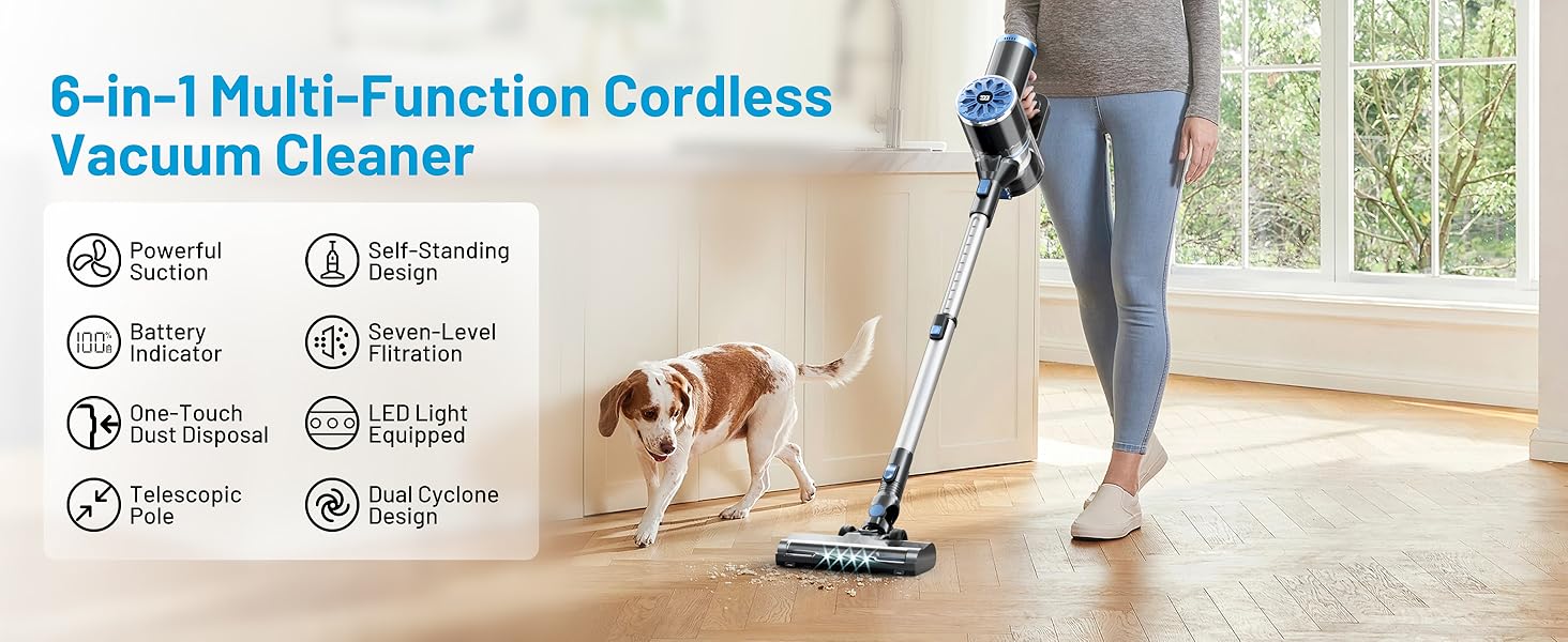 VIPSUN Cordless Vacuum Cleaner with Self-Standing, LED Screen Stick Vacuum Cleaners for Home, Lightweight Powerful Suction Vacuum, 6-in-1 Rechargeable Vacuum for Carpets, Pet Hair, Hardwood Floors detail 1