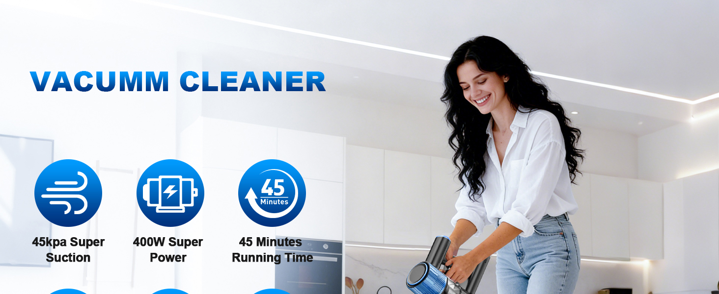 VOKENE Cordless Vacuum Cleaner, 8 in 1 Powerful Suction Lightweight Vacuum Cleaner for Home, LED Display, 3 Suction Modes, 45Mins Detachable Battery Vacuum for Hard Floor Carpet Pet Hair detail 1