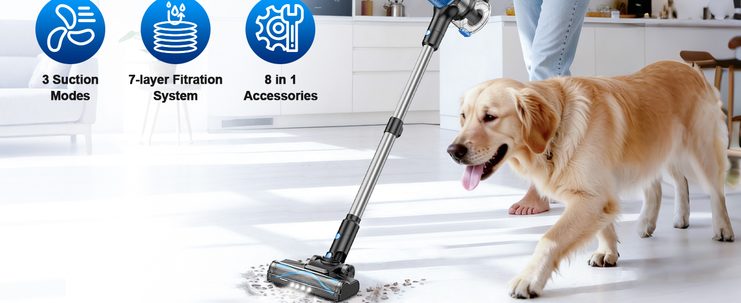 VOKENE Cordless Vacuum Cleaner, 8 in 1 Powerful Suction Lightweight Vacuum Cleaner for Home, LED Display, 3 Suction Modes, 45Mins Detachable Battery Vacuum for Hard Floor Carpet Pet Hair detail 2