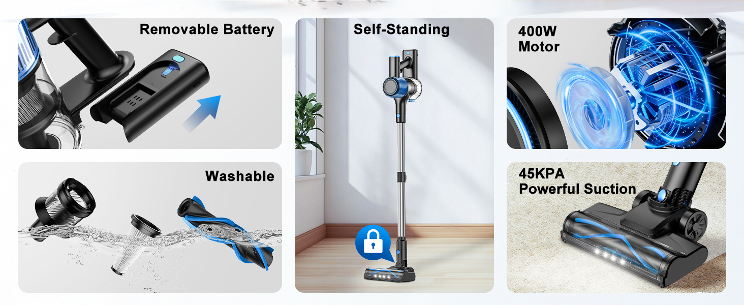 VOKENE Cordless Vacuum Cleaner, 8 in 1 Powerful Suction Lightweight Vacuum Cleaner for Home, LED Display, 3 Suction Modes, 45Mins Detachable Battery Vacuum for Hard Floor Carpet Pet Hair detail 3