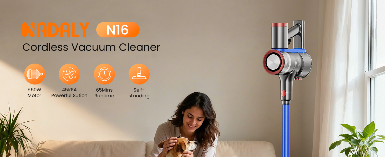 NADALY Cordless Vacuum Cleaner, 550W 45Kpa 65Mins Vacuum Cleaners for Home, Stick Vacuum with LED Display, Anti-Tangle, Self-Standing, 8-in-1 Lightweight Vacuum for Hardwood Floor/Carpet/Pet Hair detail 1