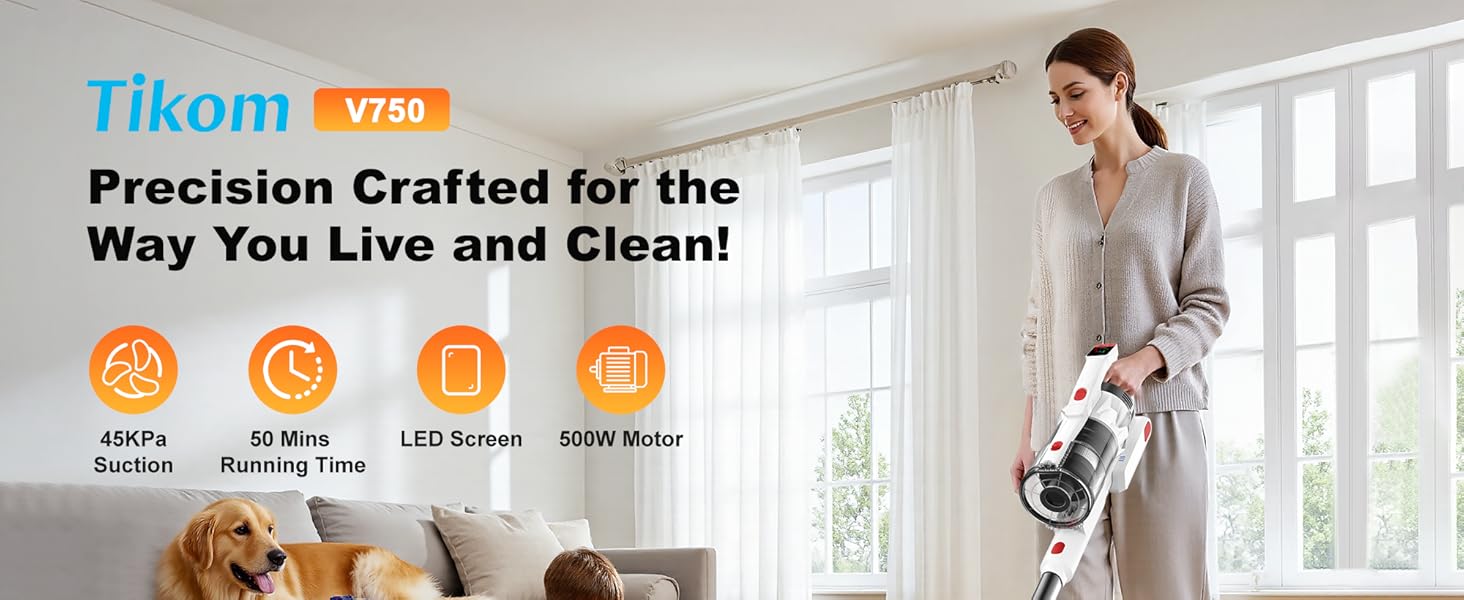 Tikom V750 Cordless Vacuum Cleaner for Home, 45000Pa/500W Stick Vacuum with LED Display, Charging Wall Dock, Anti-Tangle, Lightweight Handheld Vacuum for Pet Hair, Hard Floor, Carpet, White detail 1