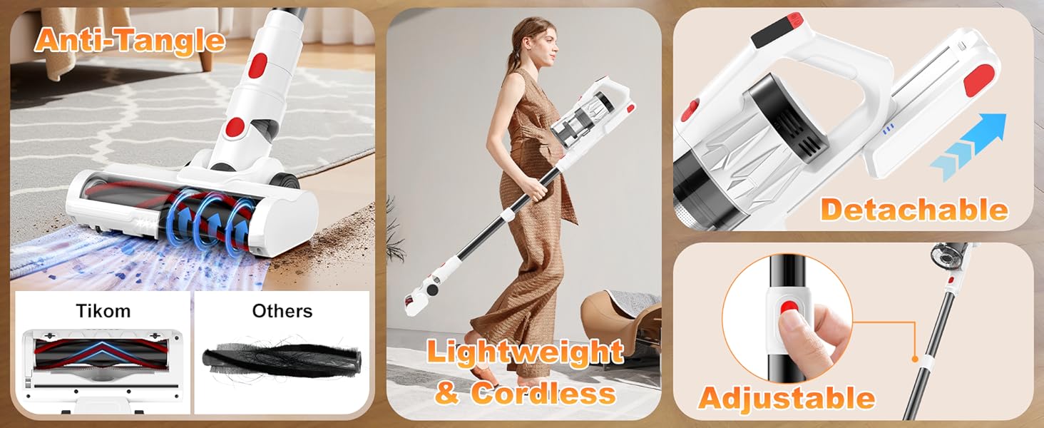 Tikom V750 Cordless Vacuum Cleaner for Home, 45000Pa/500W Stick Vacuum with LED Display, Charging Wall Dock, Anti-Tangle, Lightweight Handheld Vacuum for Pet Hair, Hard Floor, Carpet, White detail 3