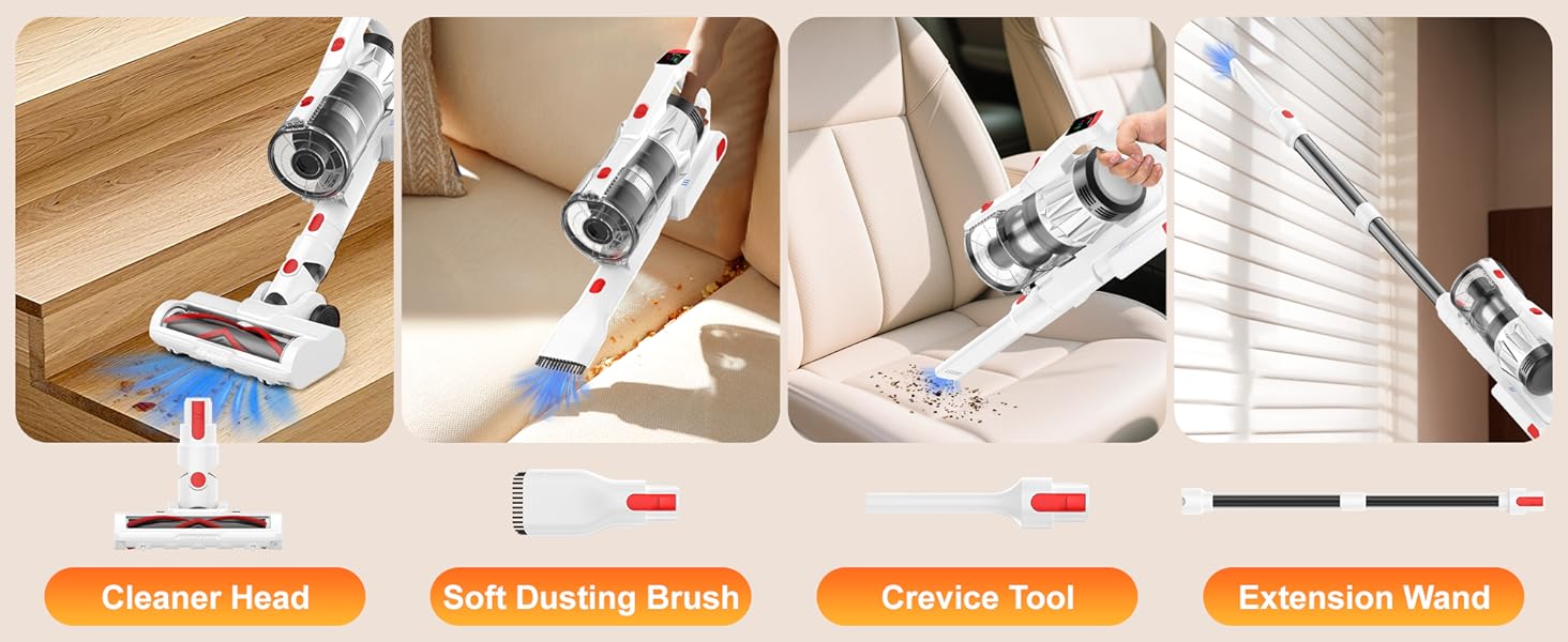 Tikom V750 Cordless Vacuum Cleaner for Home, 45000Pa/500W Stick Vacuum with LED Display, Charging Wall Dock, Anti-Tangle, Lightweight Handheld Vacuum for Pet Hair, Hard Floor, Carpet, White detail 8