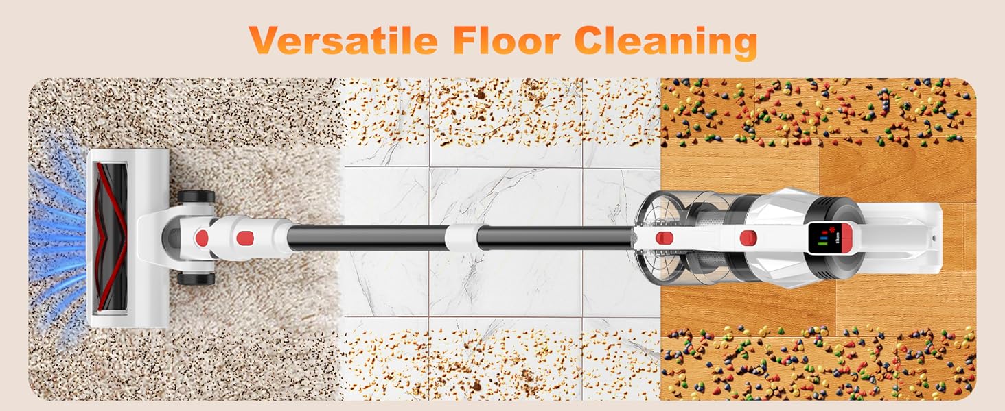Tikom V750 Cordless Vacuum Cleaner for Home, 45000Pa/500W Stick Vacuum with LED Display, Charging Wall Dock, Anti-Tangle, Lightweight Handheld Vacuum for Pet Hair, Hard Floor, Carpet, White detail 9