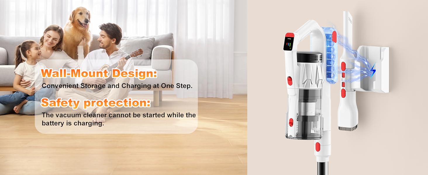Tikom V750 Cordless Vacuum Cleaner for Home, 45000Pa/500W Stick Vacuum with LED Display, Charging Wall Dock, Anti-Tangle, Lightweight Handheld Vacuum for Pet Hair, Hard Floor, Carpet, White detail 13
