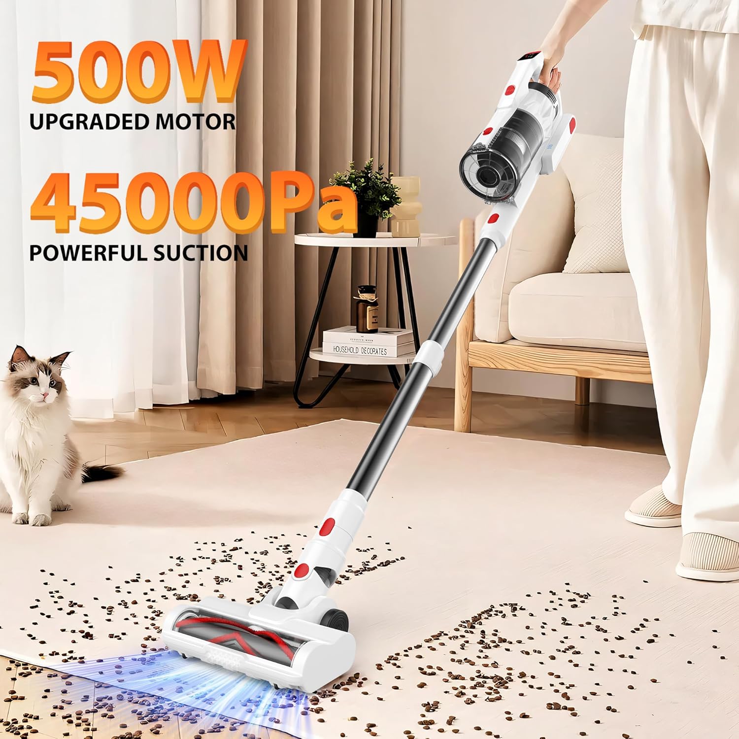 Tikom V750 Cordless Vacuum Cleaner for Home, 45000Pa/500W Stick Vacuum with LED Display, Charging Wall Dock, Anti-Tangle, Lightweight Handheld Vacuum for Pet Hair, Hard Floor, Carpet, White detail 15