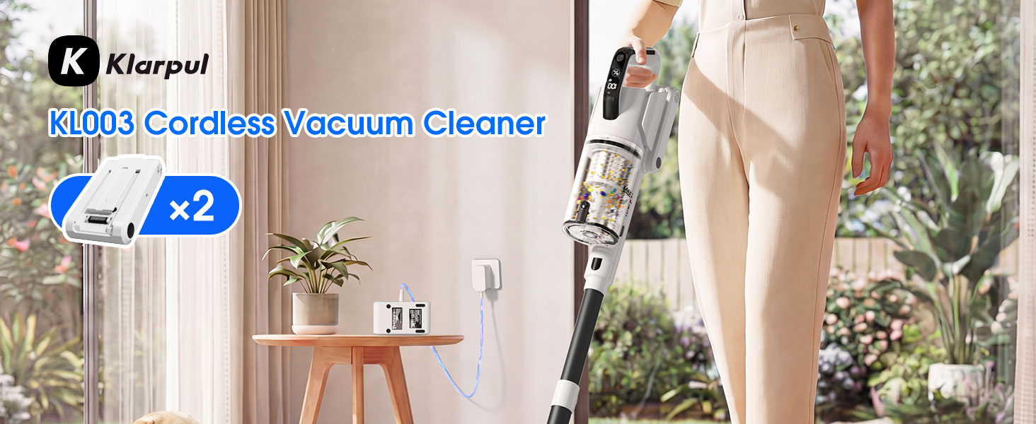 Klarpul Cordless Vacuum Cleaner, 2 Batteries 140 Mins Runtime 600W 50Kpa Stick Vacuum Cordless, Self-Standing Vacuum Cleaners for Home with 2.5H Fast Charging, for Floor/Carpet/Pet Hair, White detail 1