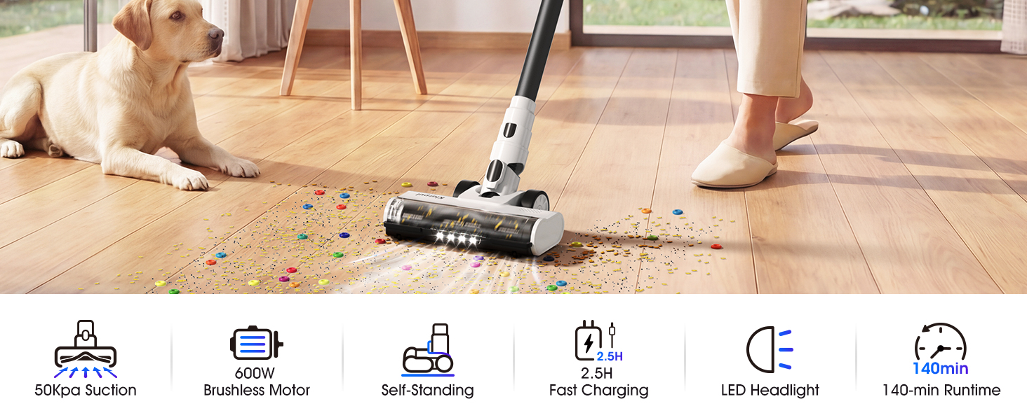 Klarpul Cordless Vacuum Cleaner, 2 Batteries 140 Mins Runtime 600W 50Kpa Stick Vacuum Cordless, Self-Standing Vacuum Cleaners for Home with 2.5H Fast Charging, for Floor/Carpet/Pet Hair, White detail 2