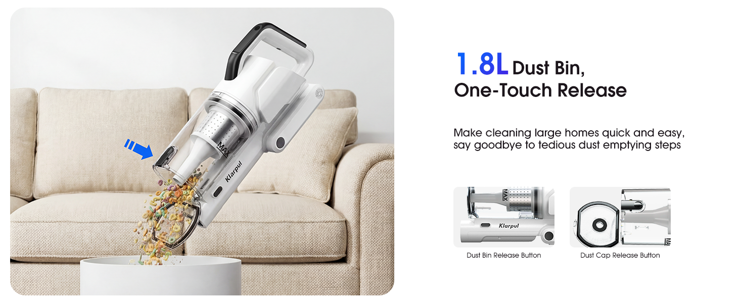 Klarpul Cordless Vacuum Cleaner, 2 Batteries 140 Mins Runtime 600W 50Kpa Stick Vacuum Cordless, Self-Standing Vacuum Cleaners for Home with 2.5H Fast Charging, for Floor/Carpet/Pet Hair, White detail 11